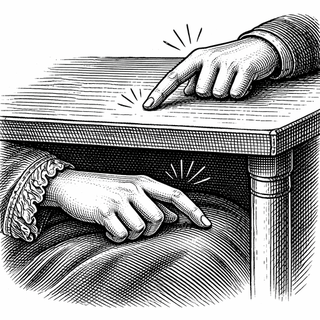 On a rainy Tuesday, a woman rests her hand under a table while a fake hand sits above it like a smug prop from a low-budget magic act. A pair of taps lands on the hidden real finger and the visible rubber one, almost together, and for a brief, deeply